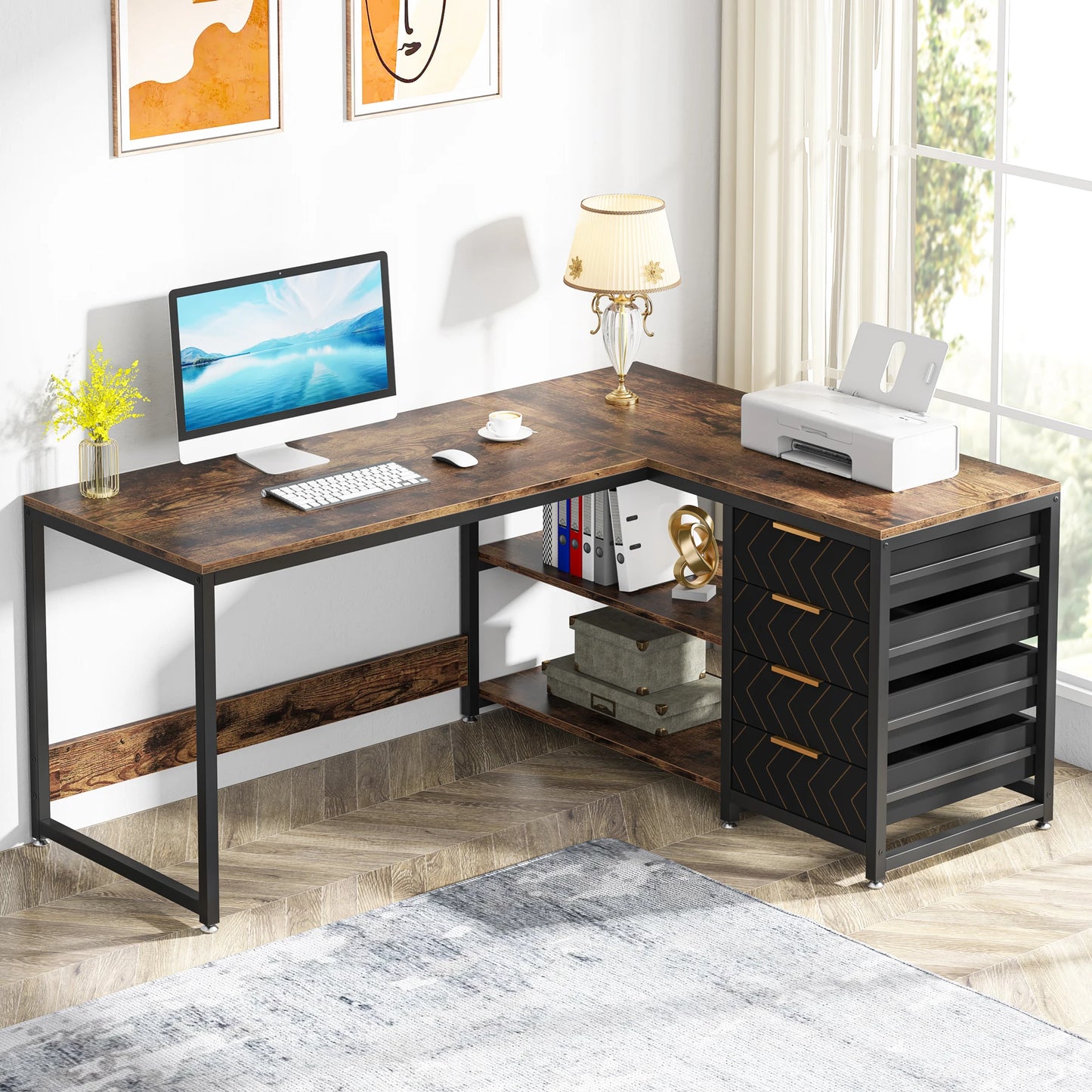 Tribesigns L Shaped Computer Desk With Storage Drawers And Shelves For Home Office Study Space Reversible