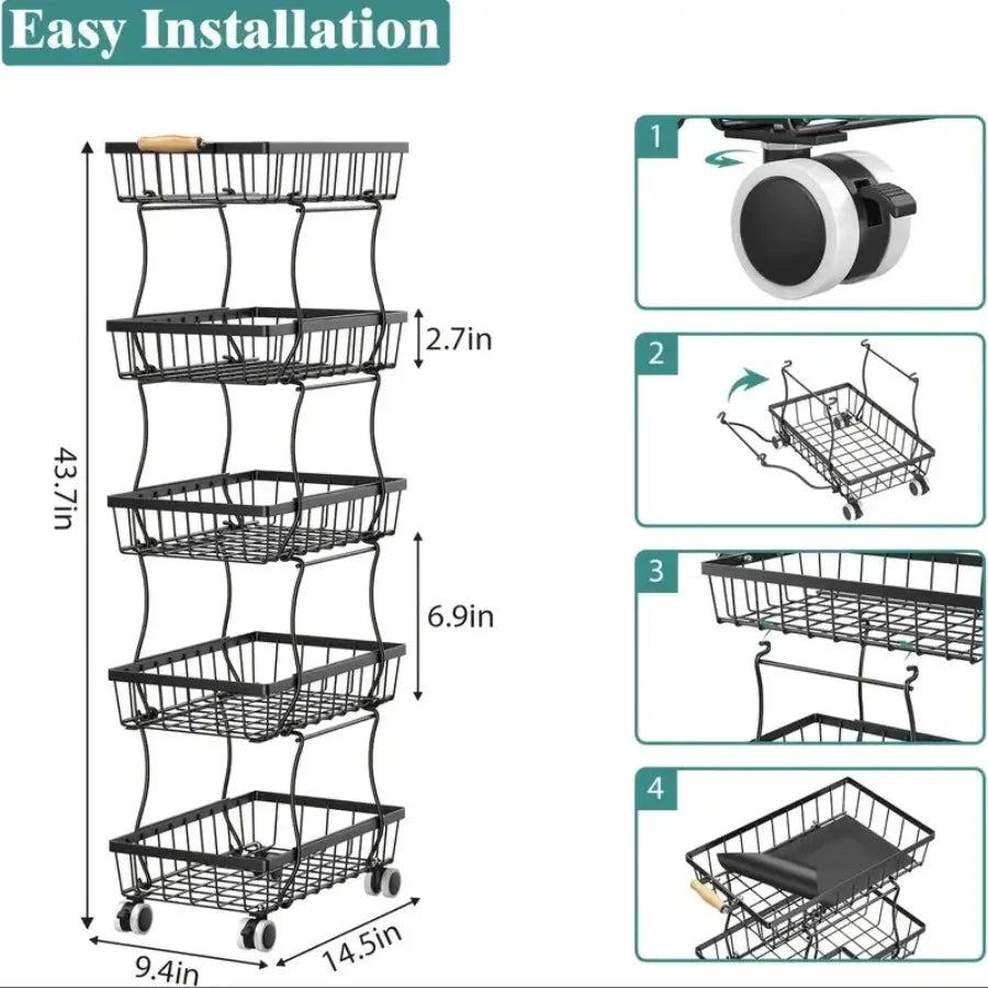 Hign-concerned 4 Tier Stackable Metal Vegetable Storage Rack With Wheels Rotating Corner Kitchen Organizer Basket