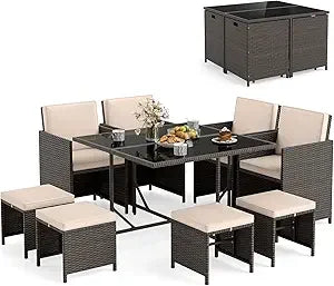 Patio Dining Set With Rattan Chairs And Tempered Glass Table