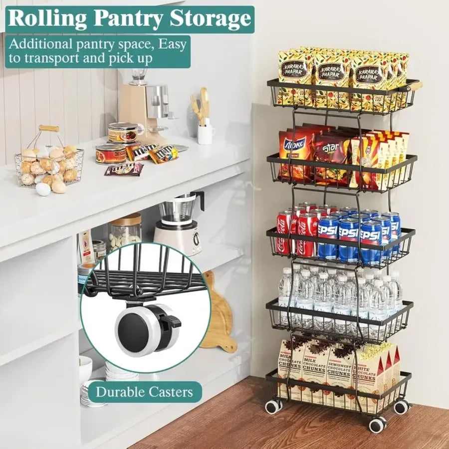 Hign-concerned 4 Tier Stackable Metal Vegetable Storage Rack With Wheels Rotating Corner Kitchen Organizer Basket