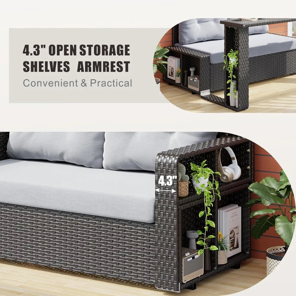 PatioArea Wicker Sofa With Foldable Table Allweather Rattan OutdoorFurnishings Set