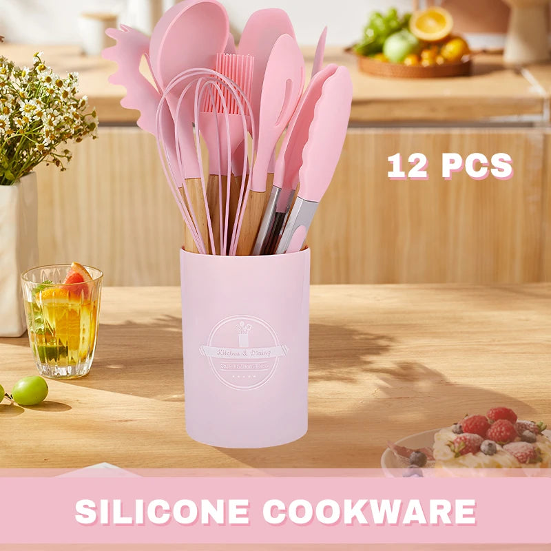 Silicone Cookware Set 12pcs Kitchen Utensil Wooden Handle Non-stick Spatula Shovel Spoon Kitchen Cooking Specialty Tools