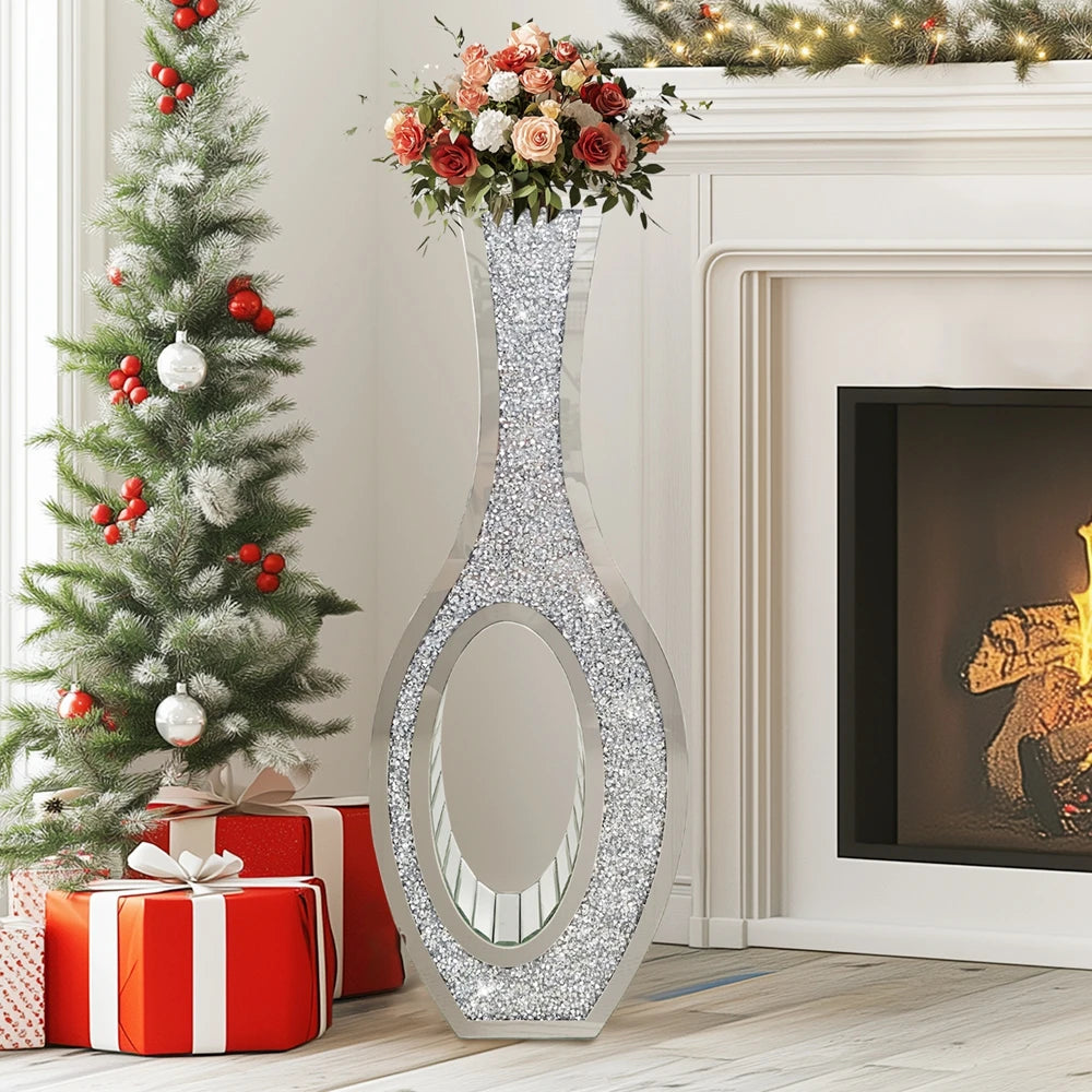 Function Luxurious Silver Mirrored Floorstanding Vase With Exquisite Diamond Accents