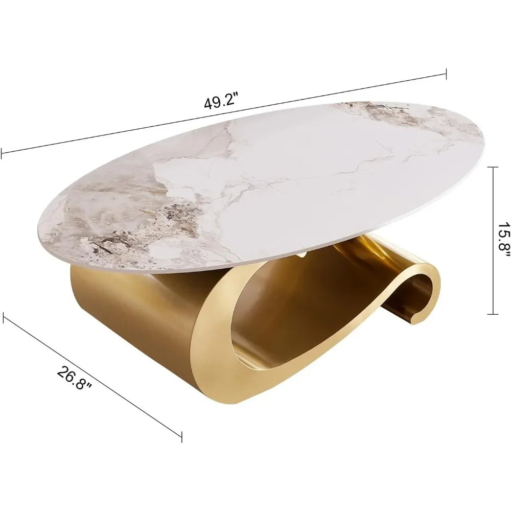General Use Modern Oval Faux Marble Coffee Table Metal Base