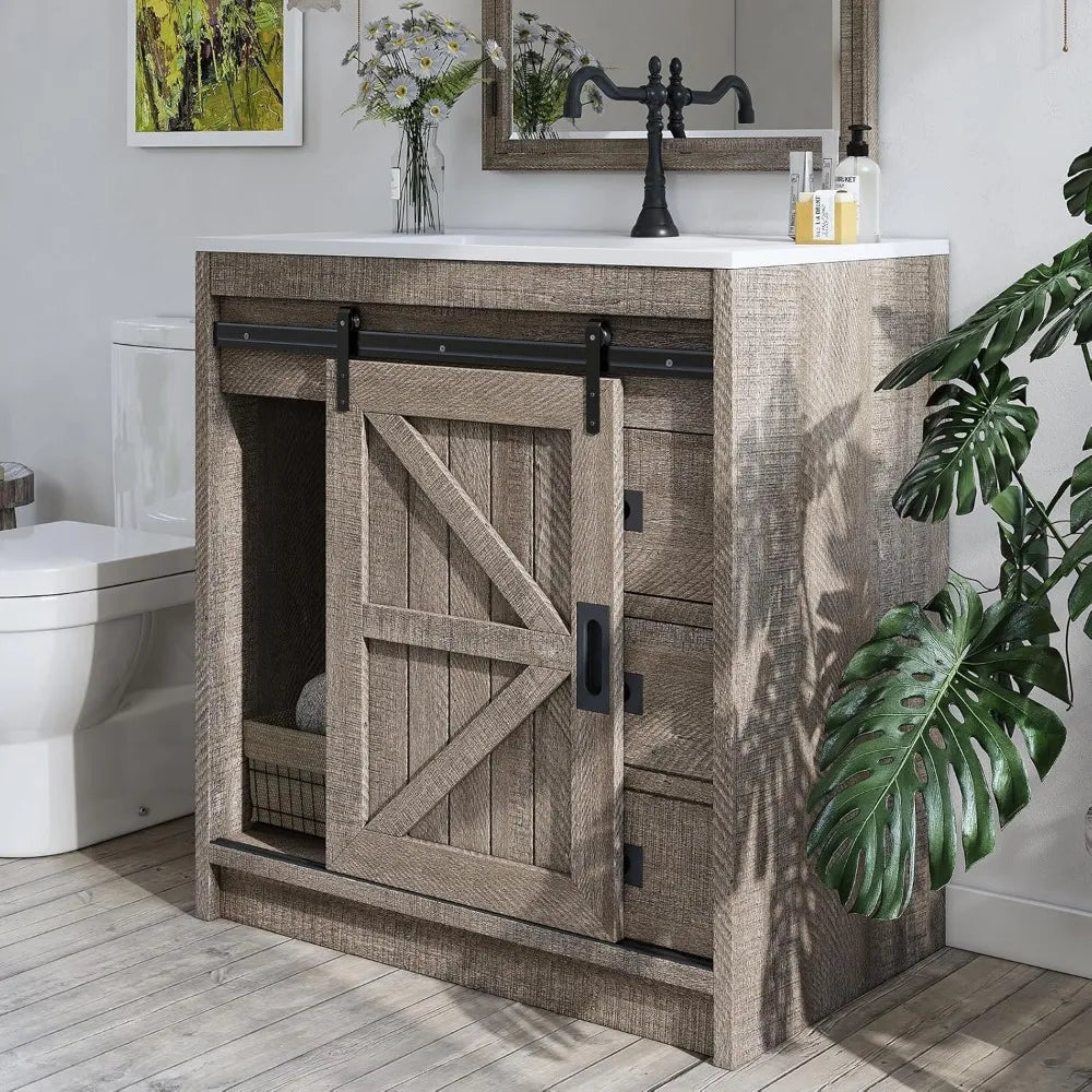 Ticify Farmhouse Sliding Barn Door Bathroom Vanity With Sink Drawers