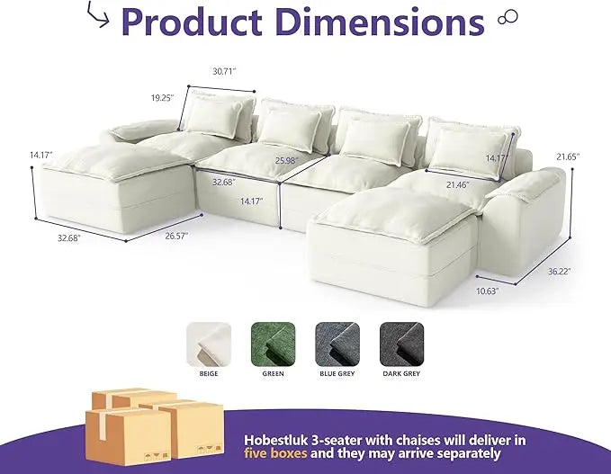 HUANZHUANG Cloud Modular Sectional Sofa U Shaped 4 Seater With Ottomans And Removable Covers