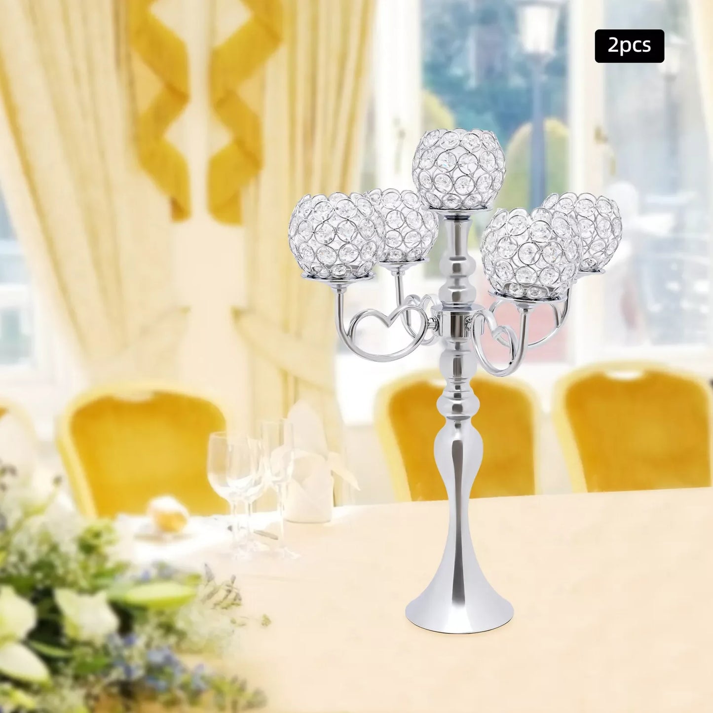 Bymaocar 2Piece5Arm SilverCrystalCandelabra Set ModernIronFrame ElegantDecorPremium