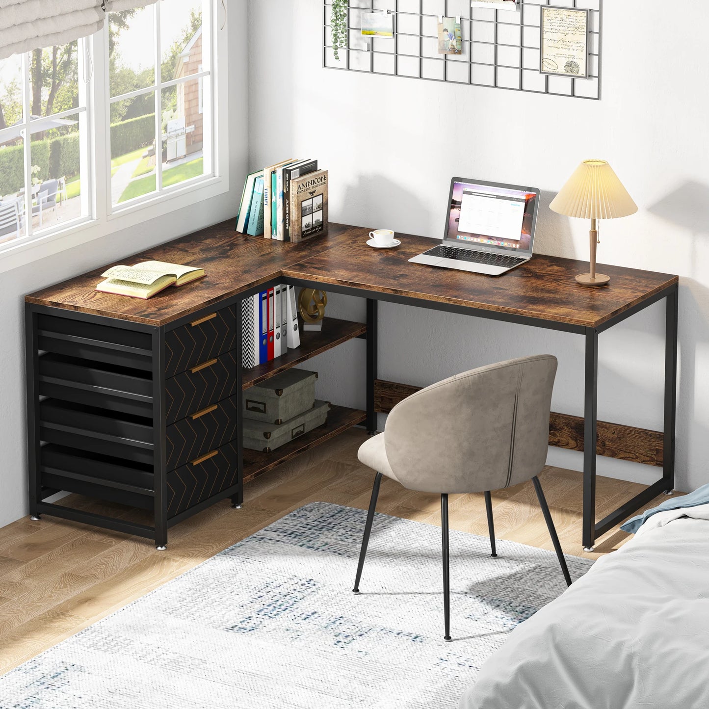Tribesigns L Shaped Computer Desk With Storage Drawers And Shelves For Home Office Study Space Reversible