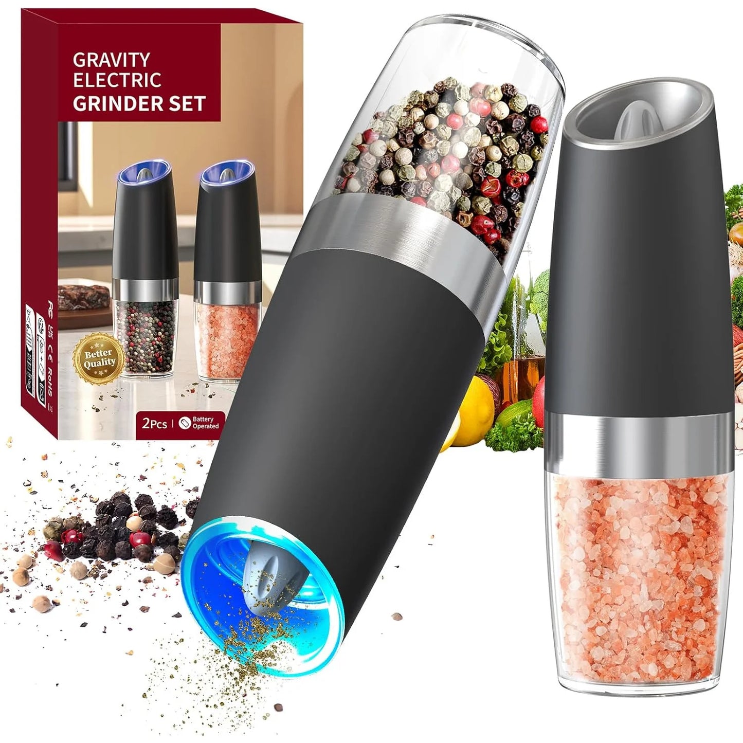 2-piece Automatic Seasoning Grinder, Adjustable Thickness，Battery powered, used for grinding spices such as pepper and sea salt