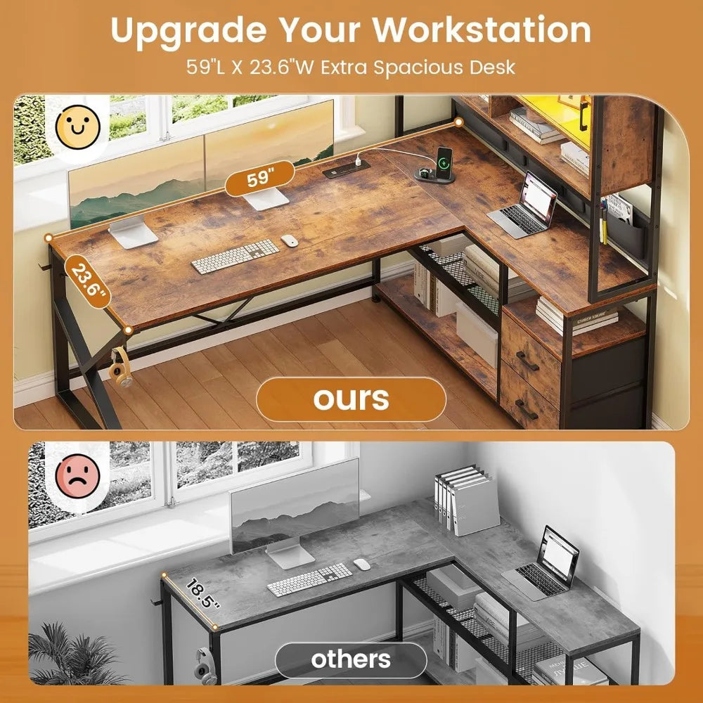 DAFIFY L Shaped Computer Desk with Drawers, Bookshelf, LED Light, Glass Cabinet for Home Office Gaming