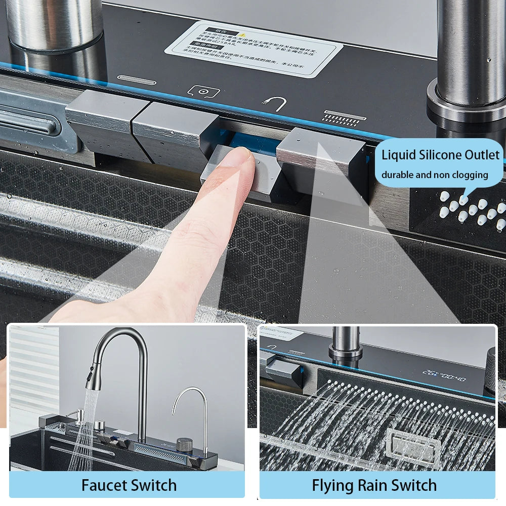 Multifunctional Kitchen Waterfall Sink Digital Display Large Single Gray Sink Dish Basin Sink 304 Stainless Steel