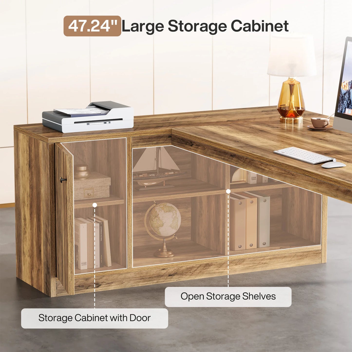 Tribesigns Large Executive L Shaped Desk With Cabinet And Ample Wooden Farmhouse Storage Shelves For Office