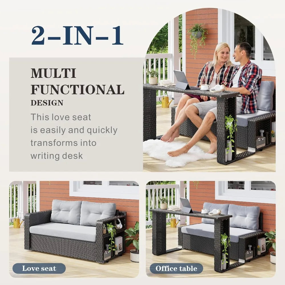 PatioArea Wicker Sofa With Foldable Table Allweather Rattan OutdoorFurnishings Set